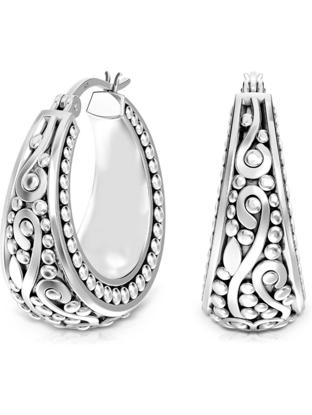 Lightweight 925 Sterling Silver Bali-Style Hoop Earrings, Antique Two-Tone
